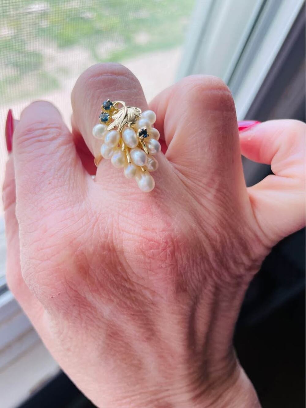 14K Gold pearl grape cluster ring with natural sapphires